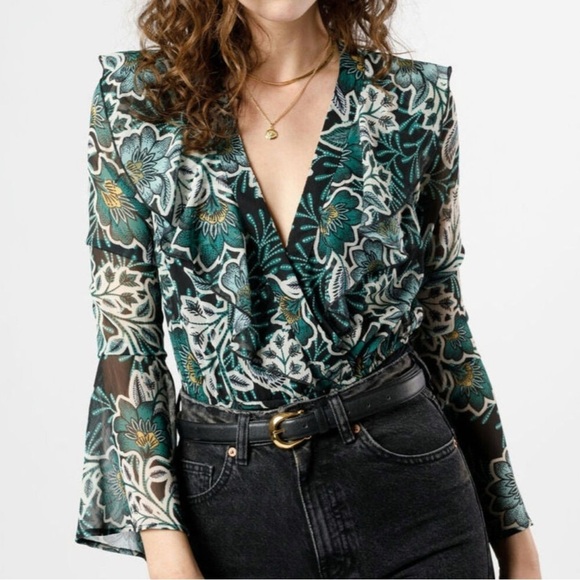 Band Of The Free Tops - Band Of The Free THE BONNIE EMERALD FLORAL LONG SLEEVE BODYSUIT Size Small
